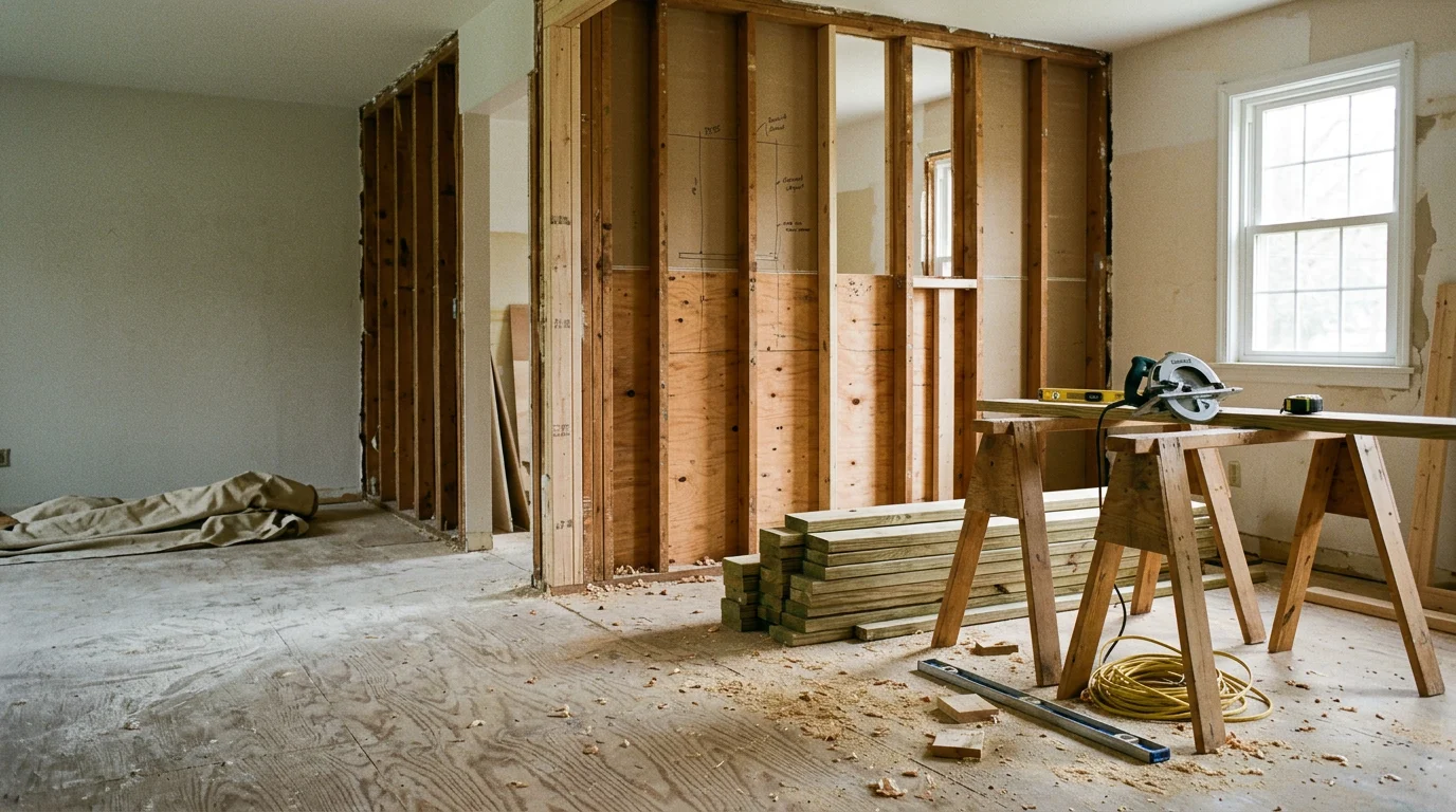 A general contractor reviewing construction plans at a residential project site in Arlington, Virginia, with framed walls and an addition structure visible in the background.