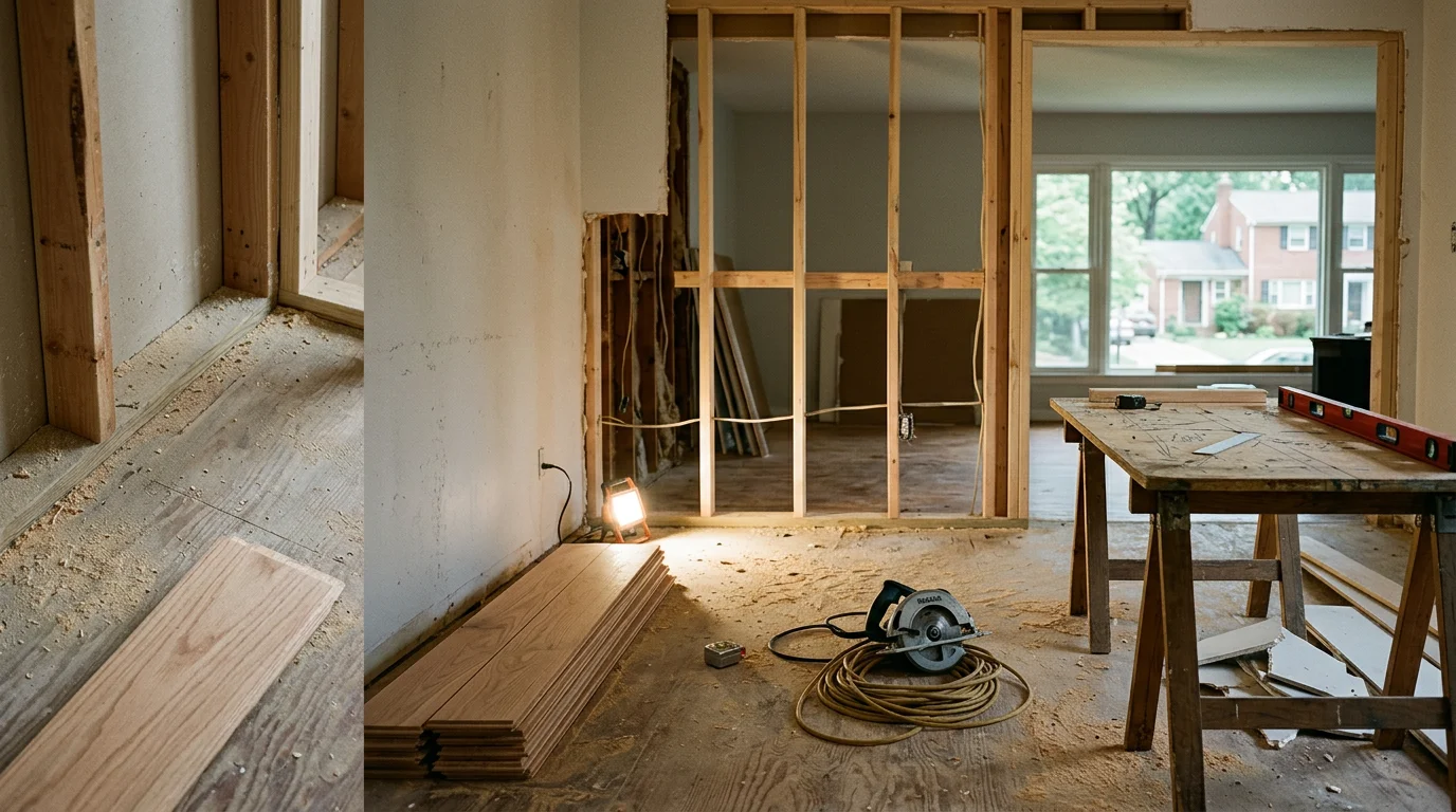 A remodeled interior of a mid-century home in Arlington, Virginia, showing an open kitchen and living area with updated finishes. The renovation reflects the architectural proportions typical of Northern Virginia Colonial and Cape Cod housing stock.