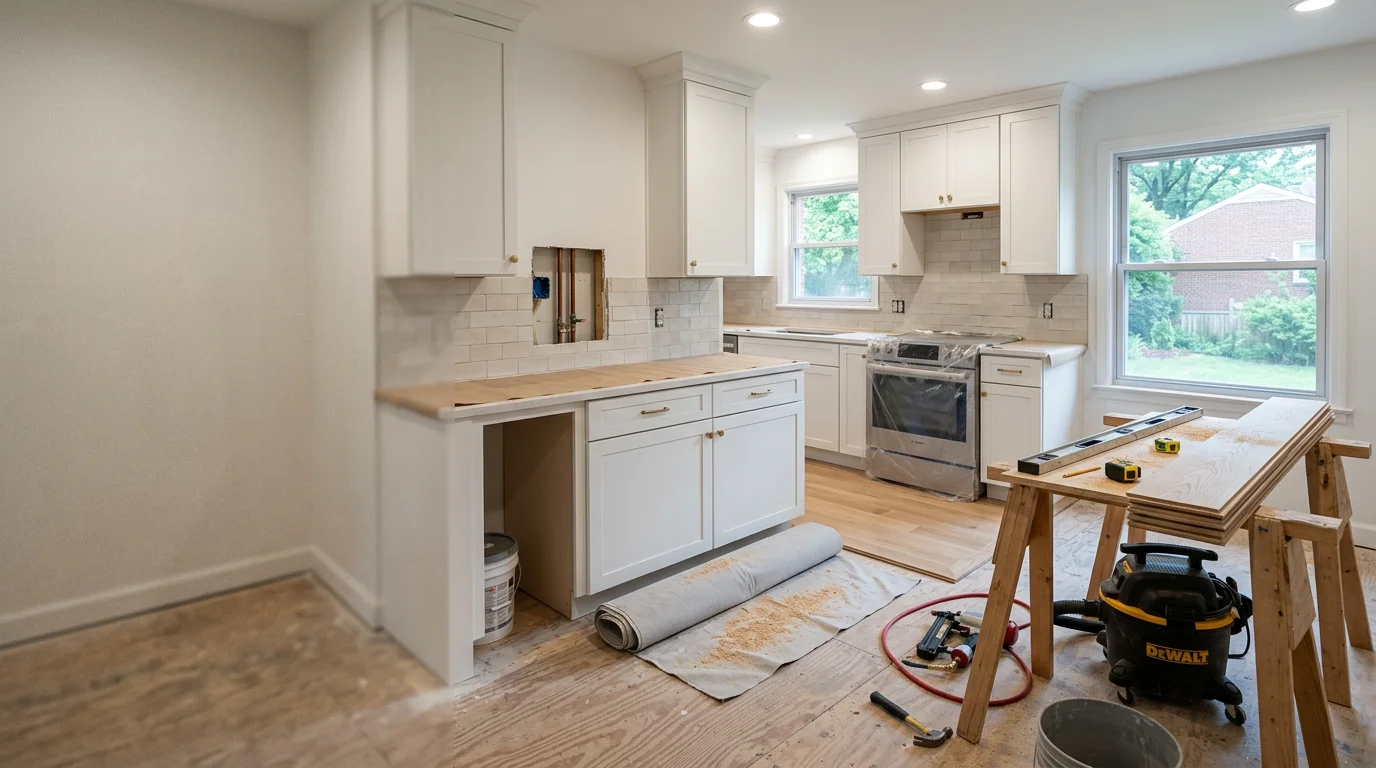Renovated interior of an Arlington, Virginia Colonial home showing an open-concept kitchen and living area with updated flooring and modern lighting. Interior remodeling work completed by Argo Contractors serving Arlington and Northern Virginia.