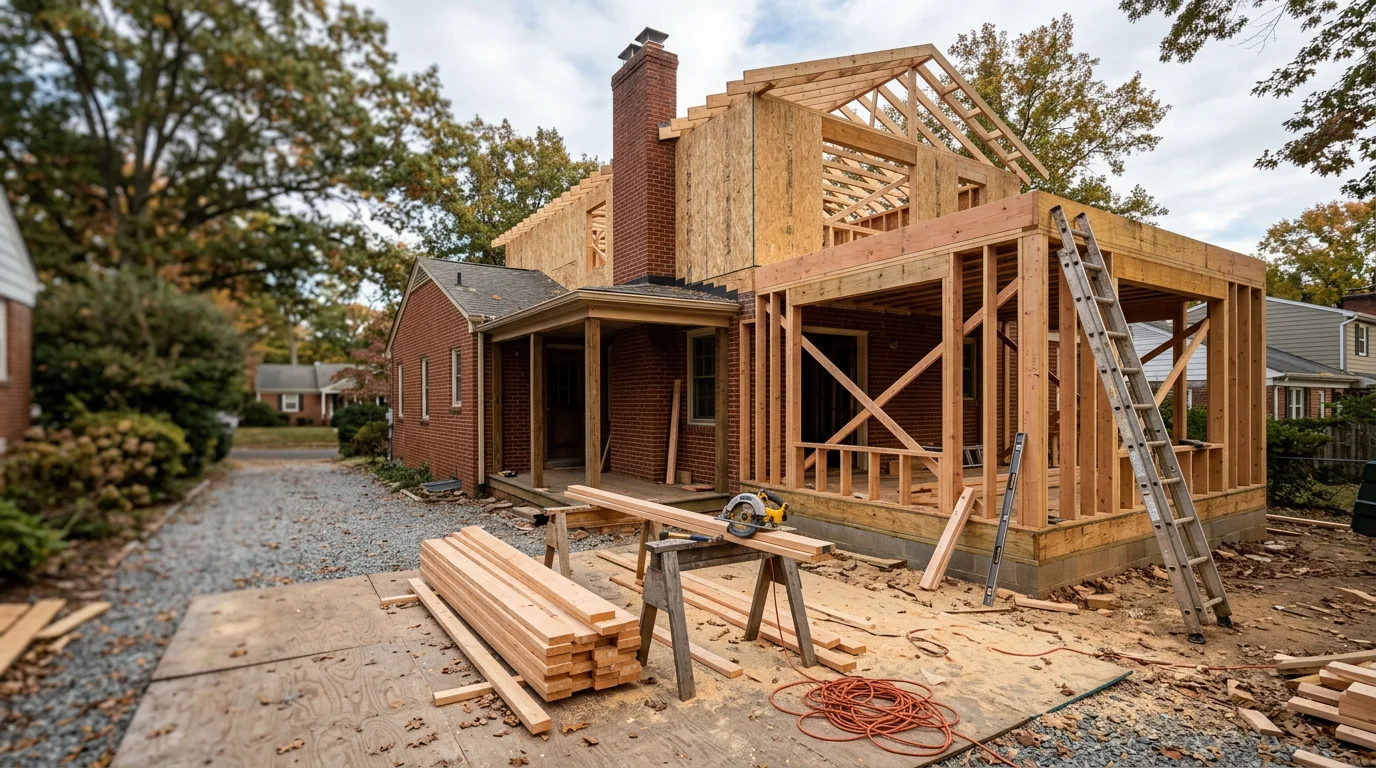 A newly constructed modern home on a residential street in Arlington, Virginia, with clean lines and an updated exterior. A general contractor reviews plans on-site during an active remodeling project in the Northern Virginia area.