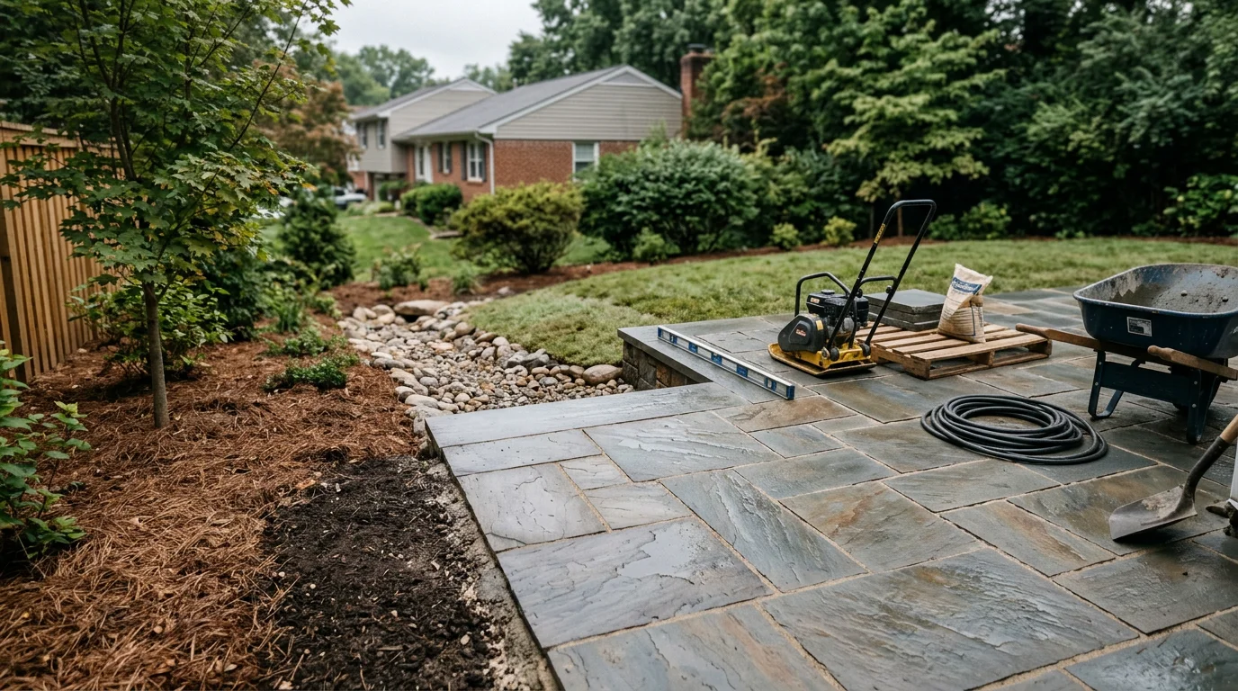 A finished backyard patio in Arlington, Virginia, showing a level hardscape surface with clean edges and a clear transition to the home's rear entry. The space is sized for outdoor dining and reflects the compact lot layout common across Northern Virginia neighborhoods.