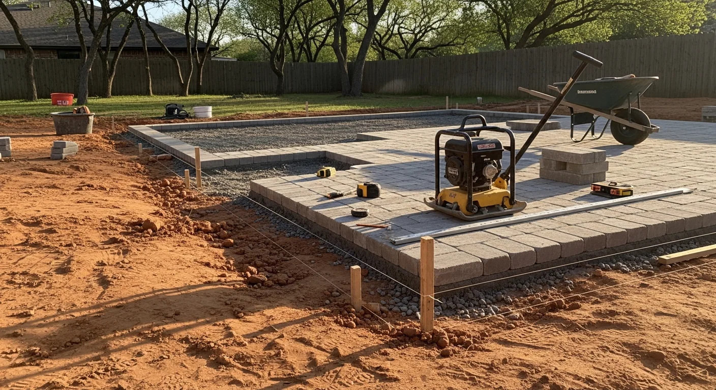 A finished backyard patio installation at an Arlington, TX residential property, showing a level hardscape surface with clean edges and a graded yard. The patio extends from the back of the home and is sized for outdoor seating and entertaining use.