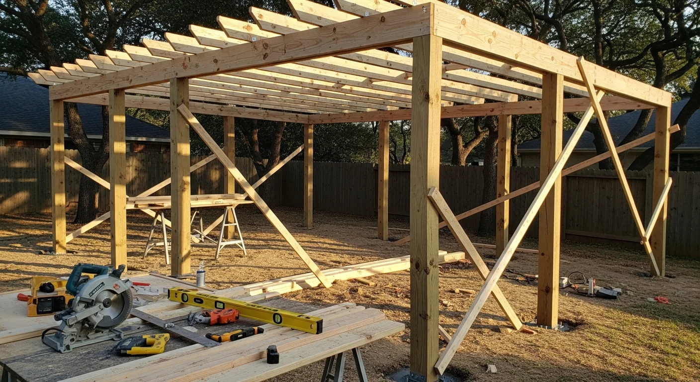 A custom wood pergola installed by Argo Contractors in an Arlington, Texas backyard, with open beam rafters casting shade over a patio seating area on a sunny day. The structure is attached to the rear of a single-story home and aligned with an existing concrete patio.