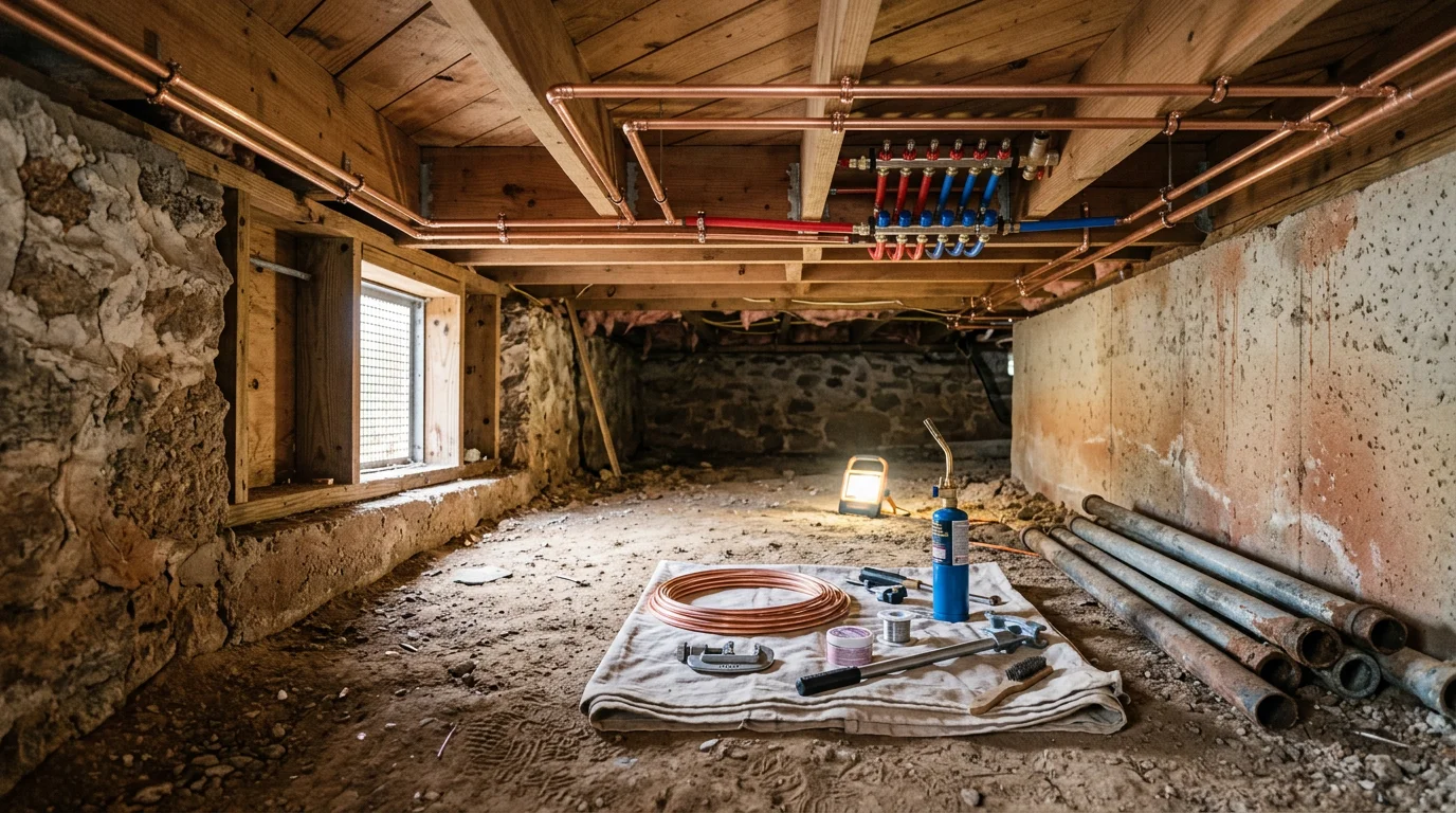 A plumber inspecting exposed supply lines and drain pipes inside an older Arlington, Virginia home during a pre-renovation assessment. The image shows aging galvanized steel pipes in a crawl space with a contractor reviewing the system.
