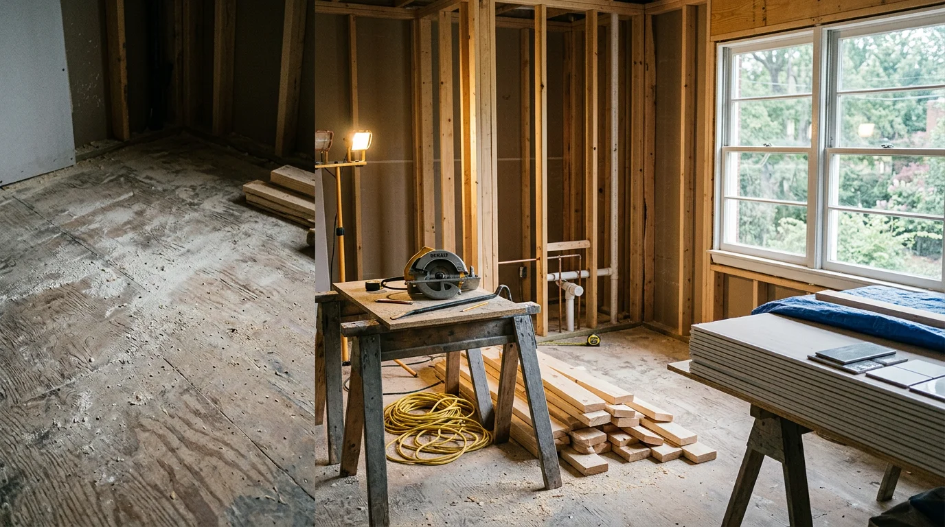 A renovated interior of a mid-century Arlington home showing an open kitchen and dining layout with updated finishes. The space reflects a structural remodel typical of older Northern Virginia Colonial and bungalow-style homes.