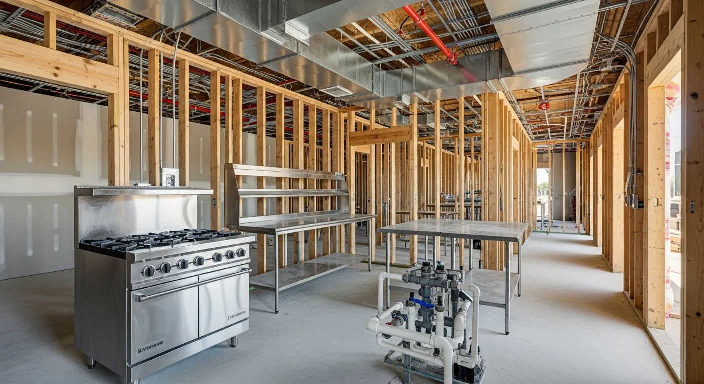 Completed restaurant interior build-out in Arlington, TX, showing a finished commercial kitchen pass-through, framed dining area walls, and exposed mechanical rough-ins ready for inspection. Specialty contractor construction work by Argo Contractors at an Arlington commercial property.