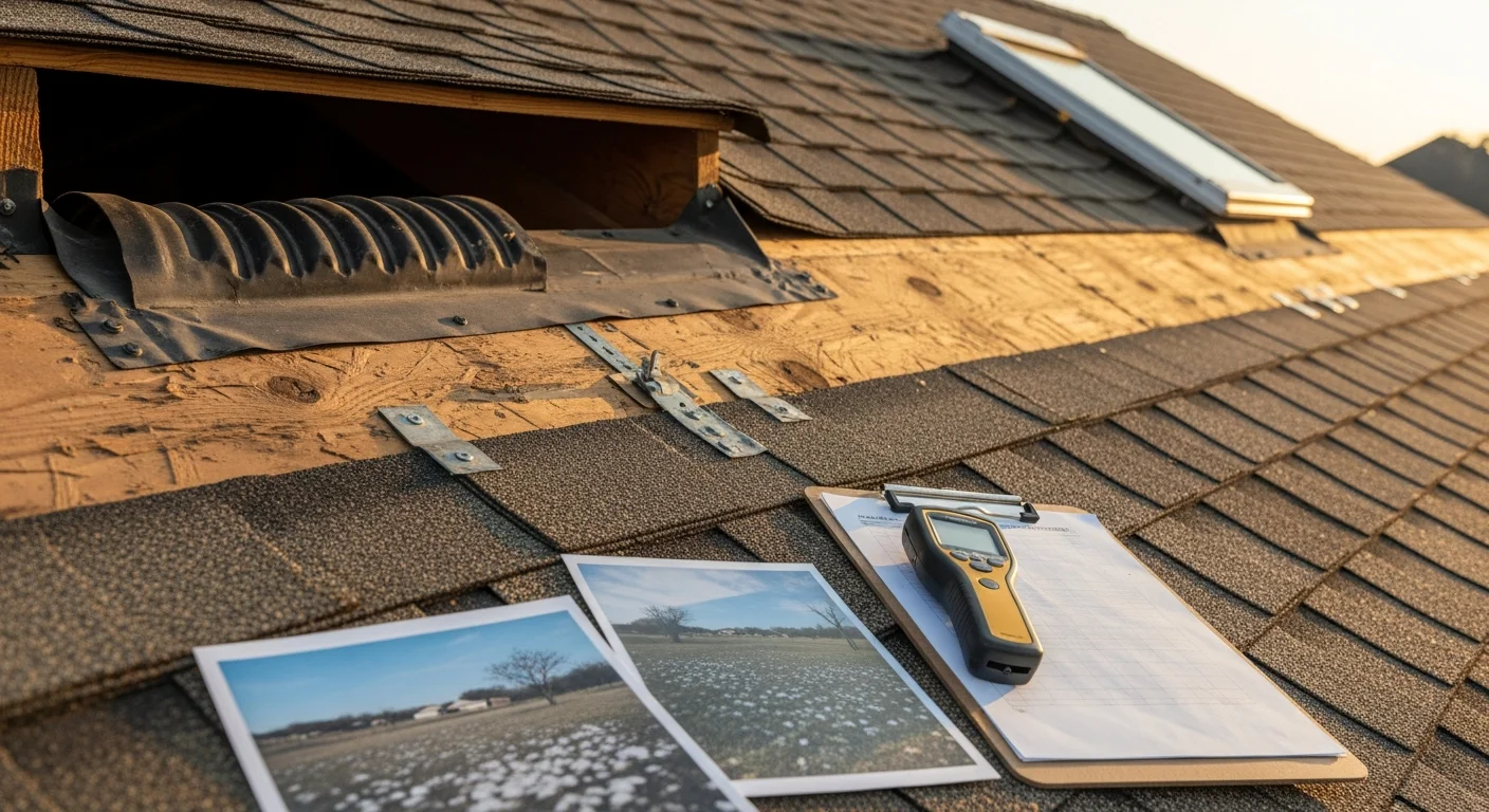 An Argo Contractors roofing professional inspecting shingles, flashing, and gutters on a residential home in Arlington, Texas. Close-up view of the roof surface showing areas assessed for hail impact and weather wear.