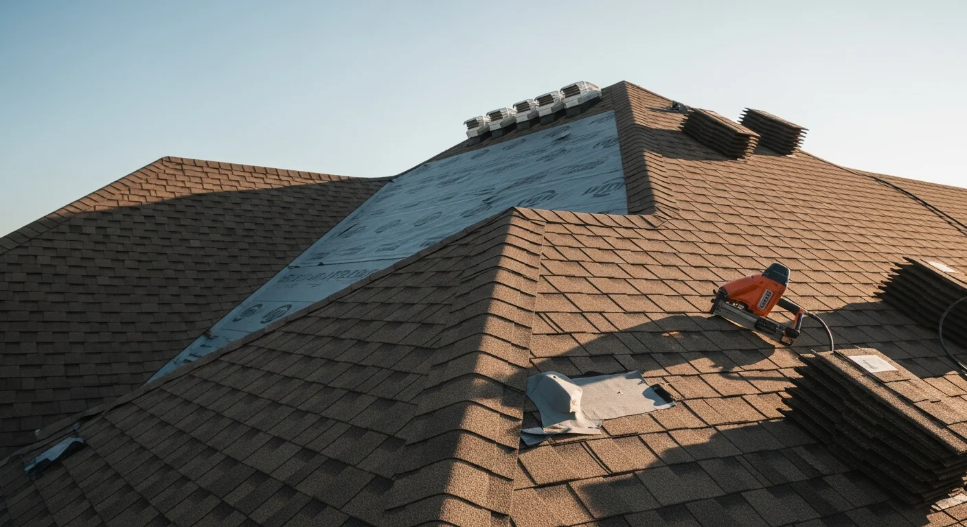 A newly installed residential roof on an Arlington, TX home showing clean shingle lines, sealed ridge venting, and finished flashing around the chimney. The surrounding neighborhood reflects a typical North Texas residential street.