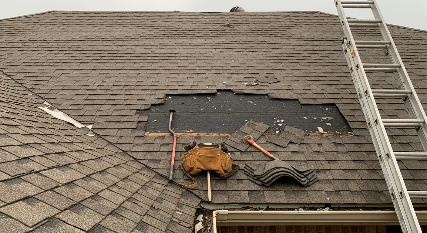 A residential roof in Arlington, Texas showing a contractor repairing hail-damaged shingles on a pitched suburban home. Close-up view of replaced shingle sections with intact surrounding roofing material.