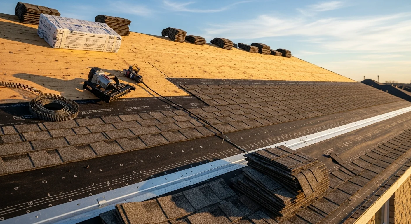 A completed residential roof replacement on an Arlington, Texas home, showing new roofing installed over a single-story house with clean ridge lines and updated flashing. The surrounding North Texas neighborhood is visible in the background.