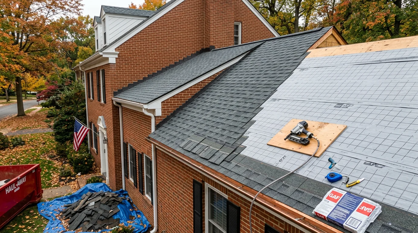 A completed roofing installation on a residential home in Arlington, Virginia, showing a fully shingled roof with clean ridge lines and finished flashing along the edges. The surrounding Northern Virginia neighborhood is visible in the background.