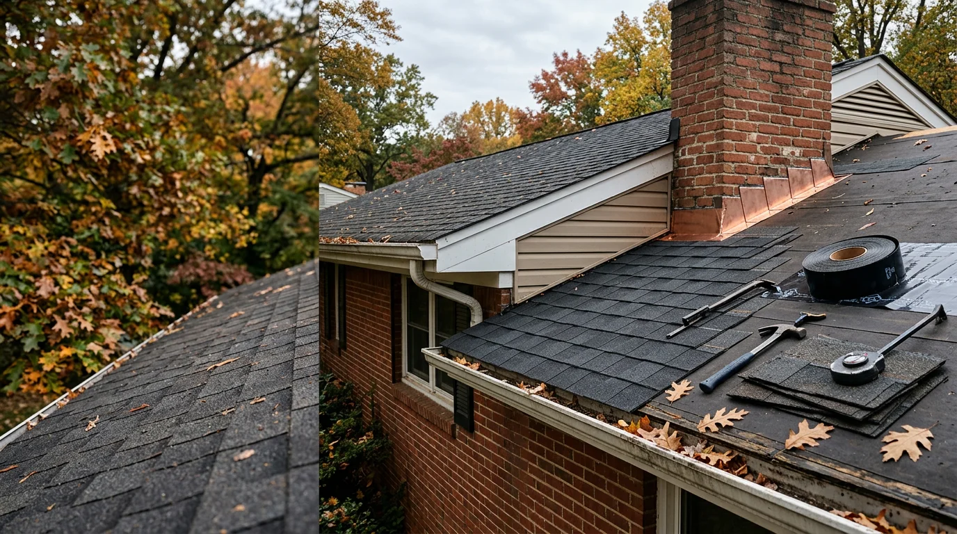 A roofing contractor inspecting damaged shingles and flashing on a residential home in Arlington, Virginia. Close-up view of repaired roof sections on a mid-century single-family house in Northern Virginia.