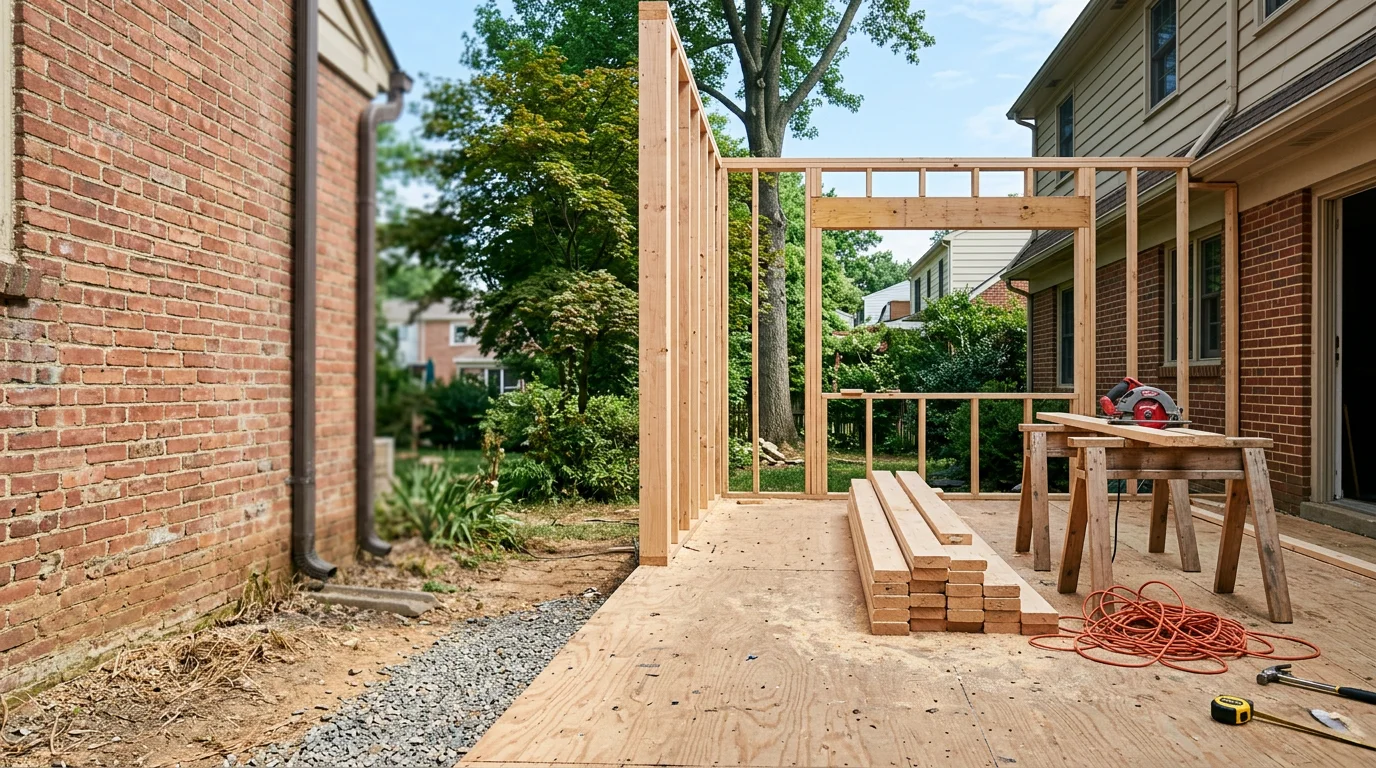 A newly completed room addition on a residential home in Arlington, Virginia, showing a seamless exterior connection between the original structure and the new living space. The addition matches the roofline and exterior finish of the existing home.