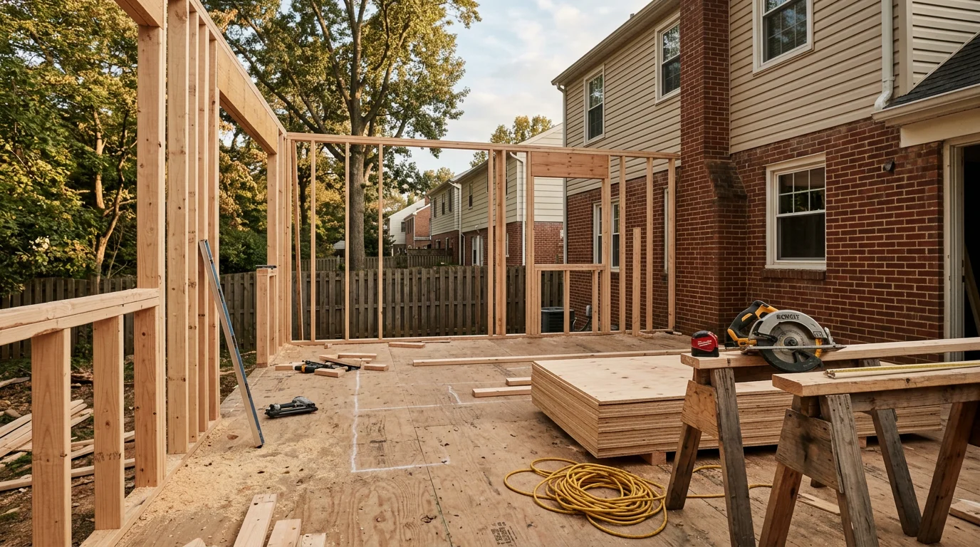 A newly completed room addition on a residential home in Arlington, Virginia, showing a framed and finished exterior that matches the existing roofline and siding. The addition extends from the rear of the house on a compact suburban lot typical of the Arlington area.