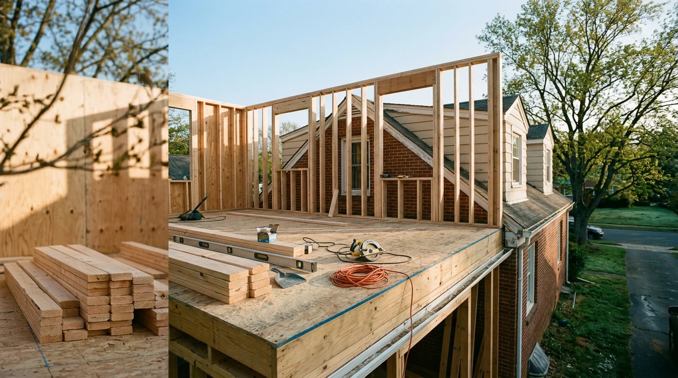 A two-story Arlington home after a second story addition, showing a newly framed upper level with matching roofline above an existing single-story structure. The backyard and original footprint remain intact.