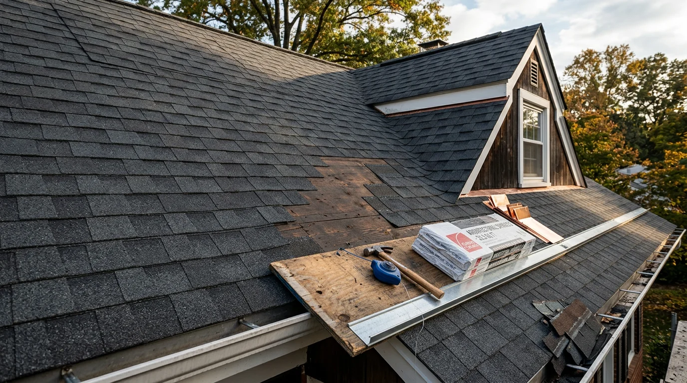 A freshly installed shingle roof on a brick colonial-style home in Arlington, Virginia, with clean ridge lines and new flashing visible at the dormers. The surrounding mature tree canopy and residential street reflect the typical Northern Virginia neighborhood setting.