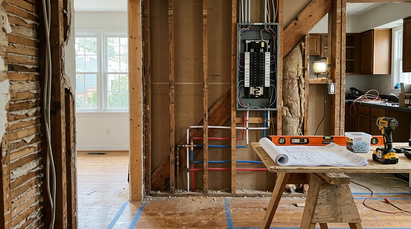 Renovated interior of a 1950s Arlington Colonial showing an open floor plan with updated kitchen, new flooring, and modern finishes throughout. Whole house renovation completed by Argo Contractors serving Arlington and Northern Virginia.